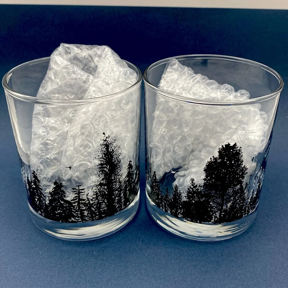 Screen Printed Forest Landscape With Trees Birds Design Glass Whiskey Glasses